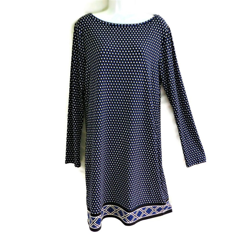 Michael Kors Shift Border Midi Dress Stretch Polka Dot Boat Neck Long Sleeves L